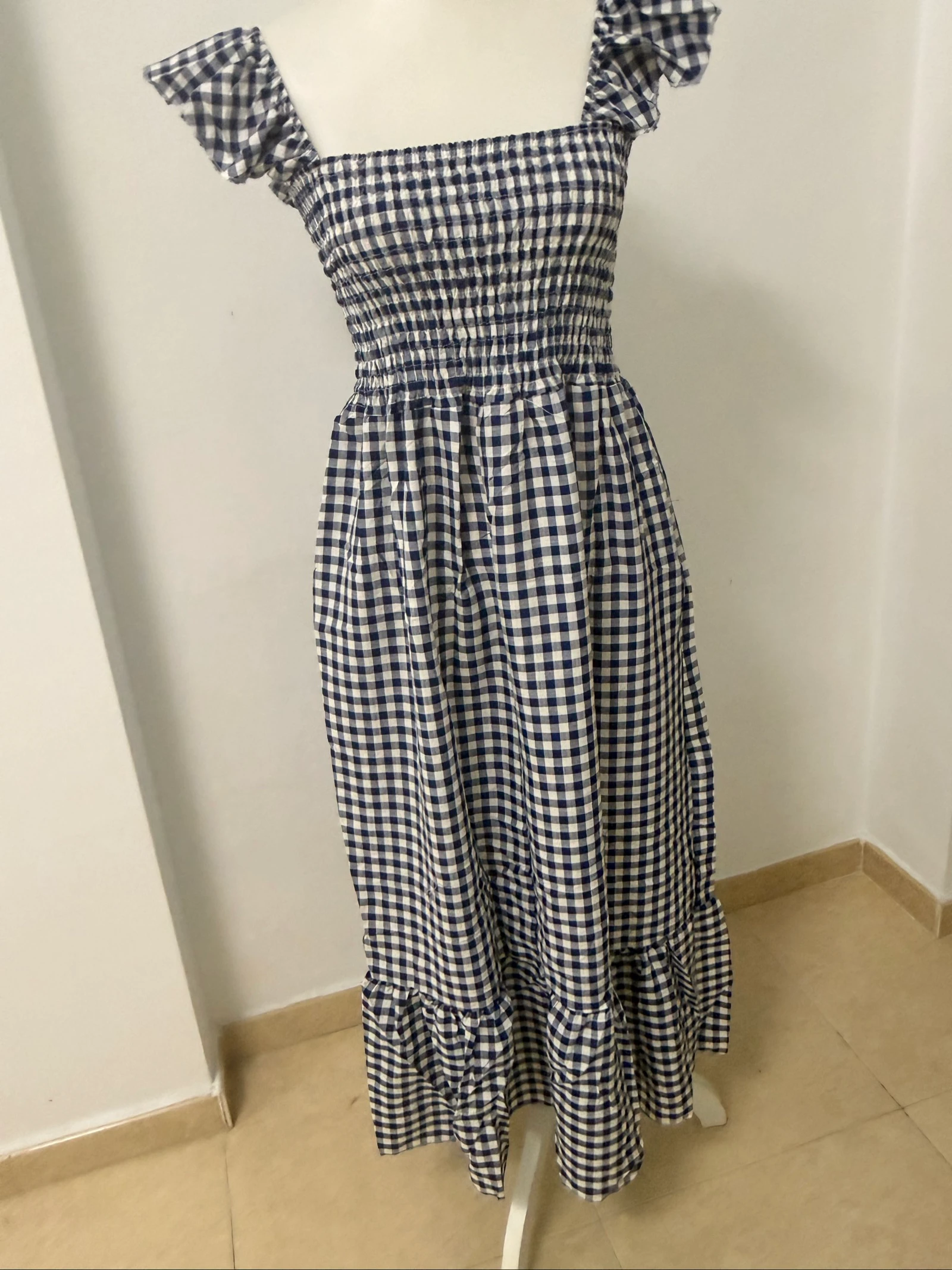 Vestido azul marino con bolsillos cuadros Vichy